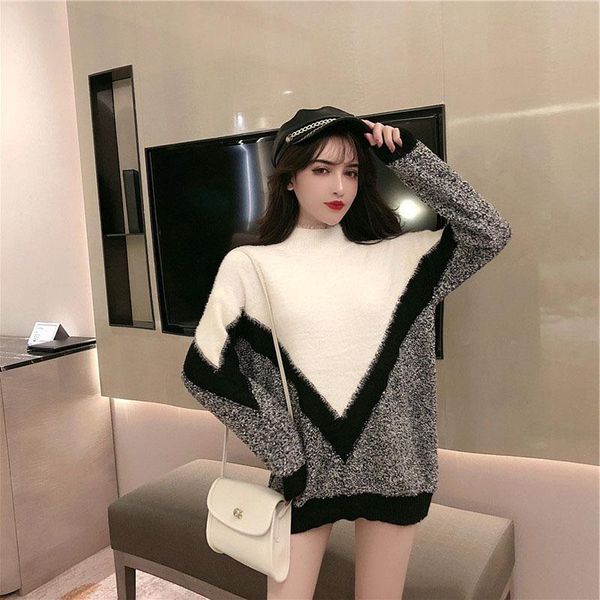 women's sweaters retro black and white mohair color matching high neck loose fashion women middle length lazy pullover thick wool sweat, White;black
women's sweaters retro black and white mohair color matching high neck loose fashion women middle length lazy pullover thick wool sweat, White;black