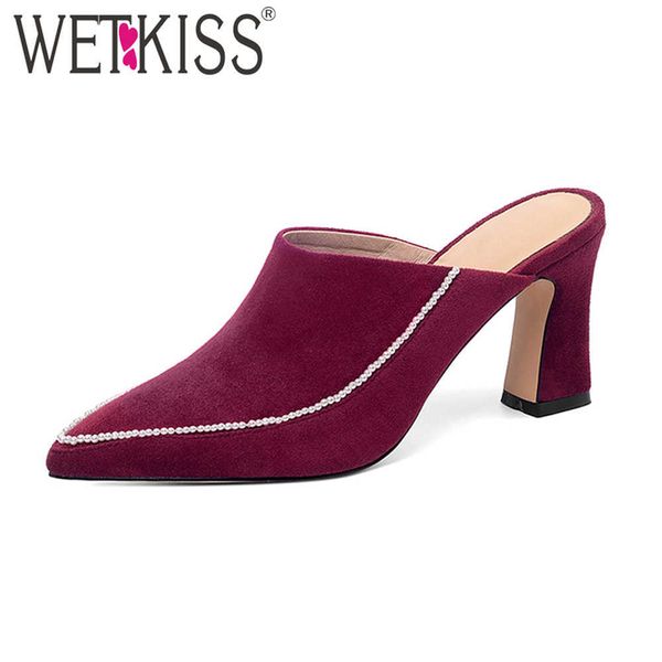 wetkiss big size ladies slippers thick high heels mules pointed toe woman slides shoes women fashion slipper casual shoes 210630, Black 
wetkiss big size ladies slippers thick high heels mules pointed toe woman slides shoes women fashion slipper casual shoes 210630, Black