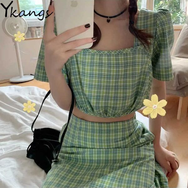 vintage green plaid short shirt and high waist slim long skirt women's summer korean two-piece girls' sweetown suits streetwear 21, White
vintage green plaid short shirt and high waist slim long skirt women's summer korean two-piece girls' sweetown suits streetwear 21, White