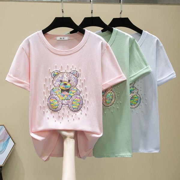women's t-shirt spring summer women t shirt cartoon bear color nail bead printing round neck loose short sleeve for, White
women's t-shirt spring summer women t shirt cartoon bear color nail bead printing round neck loose short sleeve for, White