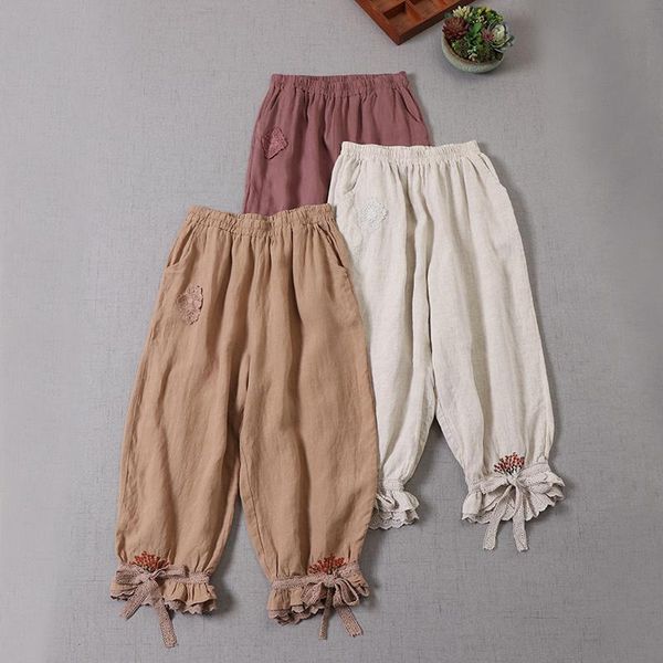 women's pants & capris mori series japan style elastic waist casual ankle-length embroidery linen, Black;white
women's pants & capris mori series japan style elastic waist casual ankle-length embroidery linen, Black;white