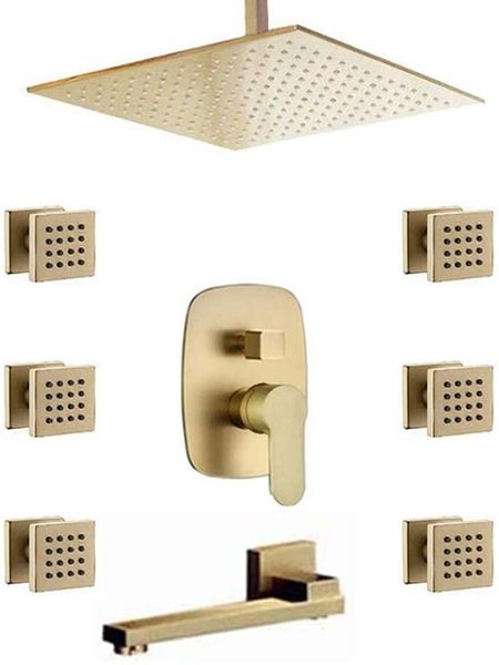 brass shower system ceiling mount brushed gold 10 inch rainfall head with 6 pcs body jet mixer spout tub set bathroom sets
brass shower system ceiling mount brushed gold 10 inch rainfall head with 6 pcs body jet mixer spout tub set bathroom sets