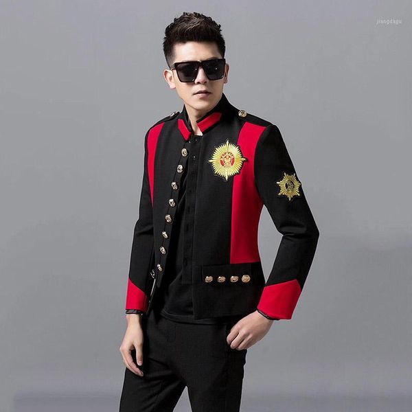 bar men's singer suit blazers badge embroidered stand collar jacket contrast gold button slim coat male nightclub stage costume jackets, Black;brown
bar men's singer suit blazers badge embroidered stand collar jacket contrast gold button slim coat male nightclub stage costume jackets, Black;brown