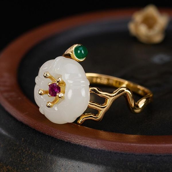 cluster rings natural 925 sterling silver gilded inlaid hetian jasper plum blossom jade lotus for women resizable, Golden;silver
cluster rings natural 925 sterling silver gilded inlaid hetian jasper plum blossom jade lotus for women resizable, Golden;silver