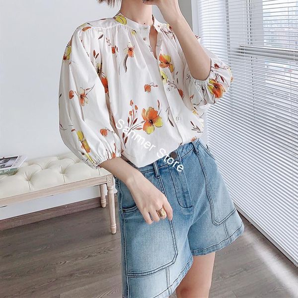 women's blouses & shirts stand collar shirt cotton puff sleeve floral printing loose single breasted blouse, White
women's blouses & shirts stand collar shirt cotton puff sleeve floral printing loose single breasted blouse, White