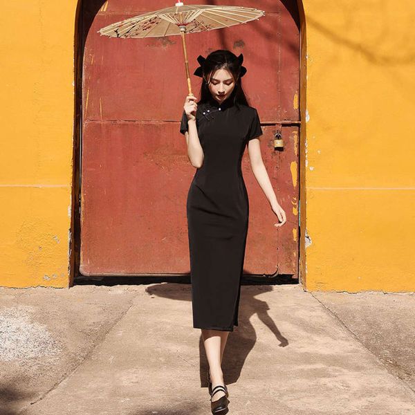 summer modified cheongsam knee length black skirt young republic of china girl chinese style split long dress, Black;gray
summer modified cheongsam knee length black skirt young republic of china girl chinese style split long dress, Black;gray
