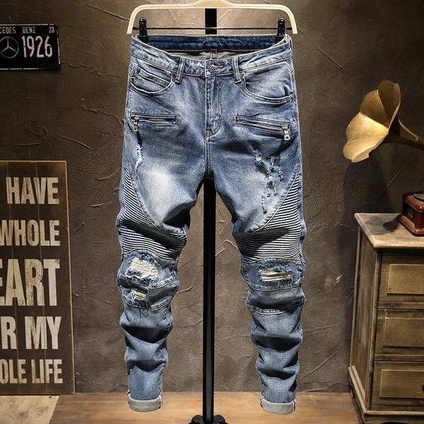 men's jeans biker slim fit stretch ripped patchwork hole pants motorcycle pleated zipper decoration hip hop punk denim trousers, Blue
men's jeans biker slim fit stretch ripped patchwork hole pants motorcycle pleated zipper decoration hip hop punk denim trousers, Blue