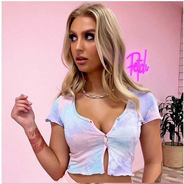 summer women's t-shirt base clothes short sleeve tie dye v collar fashion slimming casual female navel, White
summer women's t-shirt base clothes short sleeve tie dye v collar fashion slimming casual female navel, White