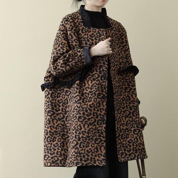 women's wool & blends 2021 autumn and winter korean fashion leopard print woolen coat mid-length loose thin quilted trend, Black
women's wool & blends 2021 autumn and winter korean fashion leopard print woolen coat mid-length loose thin quilted trend, Black