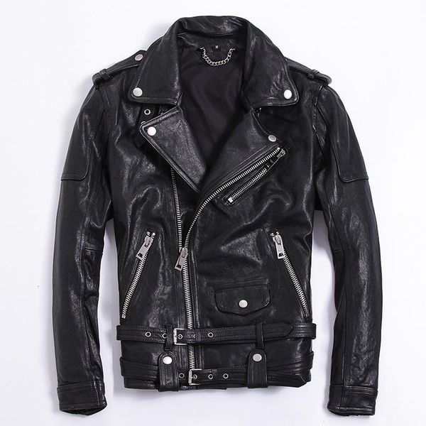 men's leather & faux punk style slim fit genuine jacket with belts high fashion motorcycle men sheepskin tight rock male, Black
men's leather & faux punk style slim fit genuine jacket with belts high fashion motorcycle men sheepskin tight rock male, Black