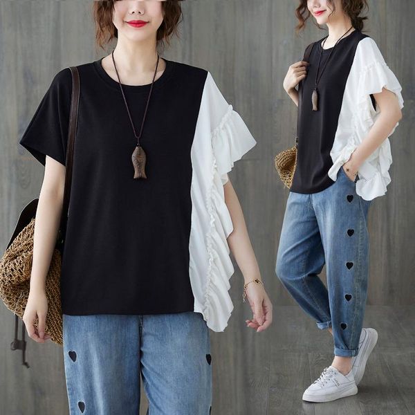 women's t-shirt 2021summer lady ruffles flying sleeve casual loose patchwork femme o-neck tee oversize basic chic streetwear women, White
women's t-shirt 2021summer lady ruffles flying sleeve casual loose patchwork femme o-neck tee oversize basic chic streetwear women, White