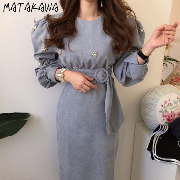 matakawa girdling bubble sleeve long women dress autumn korea chic elegant round neck beaded flower decoration vestidos 210513, Black;gray
matakawa girdling bubble sleeve long women dress autumn korea chic elegant round neck beaded flower decoration vestidos 210513, Black;gray