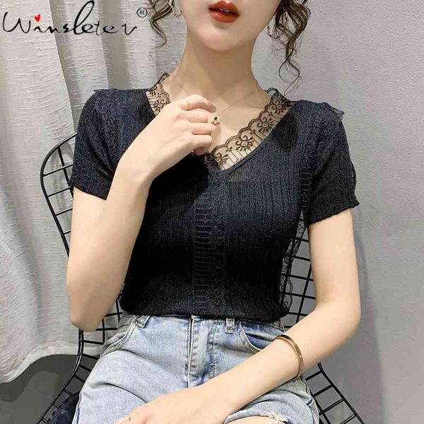 women's t-shirt summer korean clothes thin knit t-shirt patchwork lace women casual short sleeve pullover elastic tees t, White
women's t-shirt summer korean clothes thin knit t-shirt patchwork lace women casual short sleeve pullover elastic tees t, White