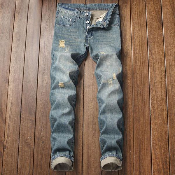 men's jeans 2021 cross border hole straight fit button nostalgic tattered pants, Blue
men's jeans 2021 cross border hole straight fit button nostalgic tattered pants, Blue