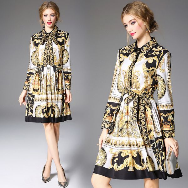 casual dresses italy style vintage long sleeves female fall bowtie chic retro print d761, Black;gray
casual dresses italy style vintage long sleeves female fall bowtie chic retro print d761, Black;gray