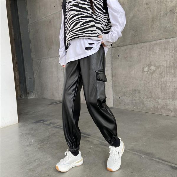 women's pants & capris pu leather cargo women harajuku loose black trousers with pocket spring autumn korean elastic, Black;white
women's pants & capris pu leather cargo women harajuku loose black trousers with pocket spring autumn korean elastic, Black;white