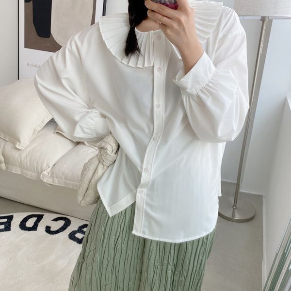 women's blouses & shirts spring pleated collar lantern sleeve woman turn down solid color loose long women cardigan 09lo, White 
women's blouses & shirts spring pleated collar lantern sleeve woman turn down solid color loose long women cardigan 09lo, White