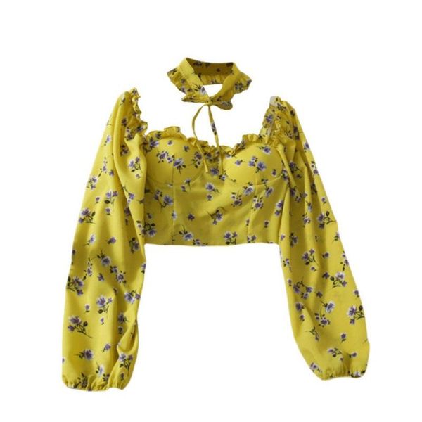 women's blouses & shirts chic women short crop 2021 summer floral printed ruffles collar chiffon cropped puff long sleeve female, White 
women's blouses & shirts chic women short crop 2021 summer floral printed ruffles collar chiffon cropped puff long sleeve female, White
