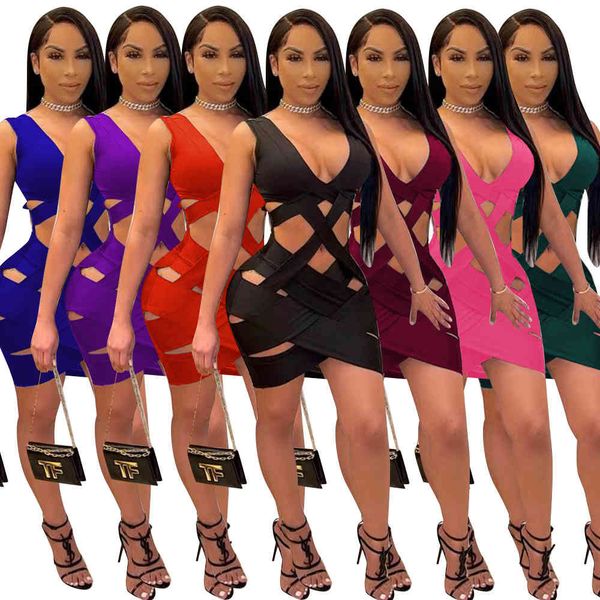2021 dress for women weave deep v neck backless hollow out bodycon mini women dress elegant night club party dresses robe x0521, Black;gray