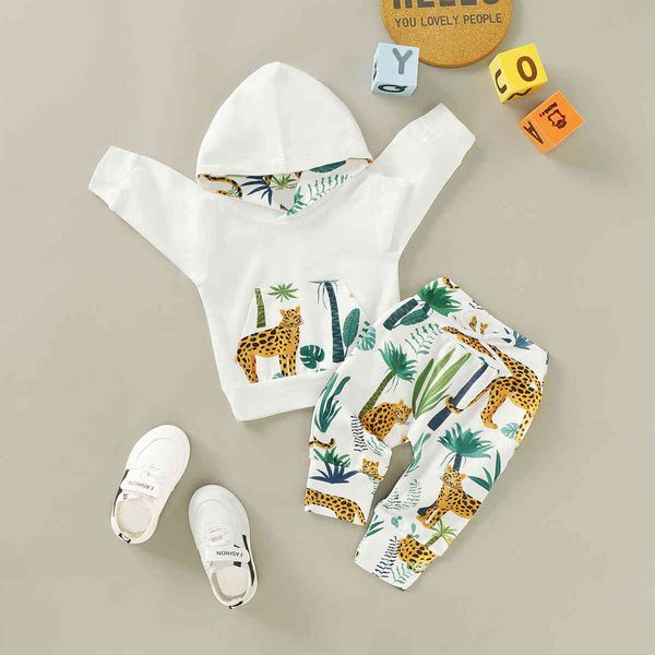 new children long sleeve leopard print hoodie + cactus pants, White