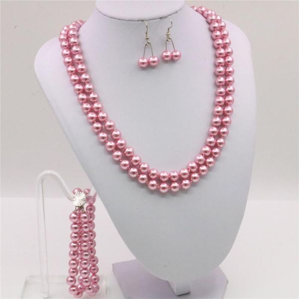 earrings & necklace pink 8mm 2rows round beads shell imitation pearl necklace17-18inch bracelet7.5inch women jewelry set girls gifts y108, Silver 
earrings & necklace pink 8mm 2rows round beads shell imitation pearl necklace17-18inch bracelet7.5inch women jewelry set girls gifts y108, Silver