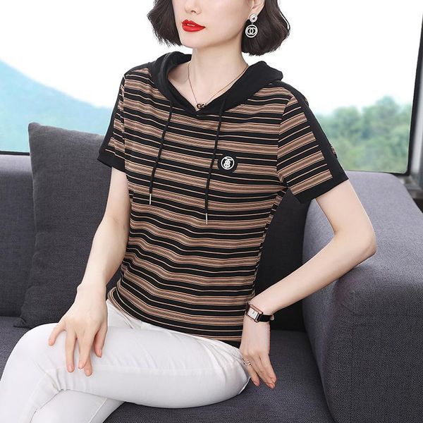 women's t-shirt casual women stripe short sleeve korean style loose plus size hooded t shirt womens clothing summer femme, White
women's t-shirt casual women stripe short sleeve korean style loose plus size hooded t shirt womens clothing summer femme, White