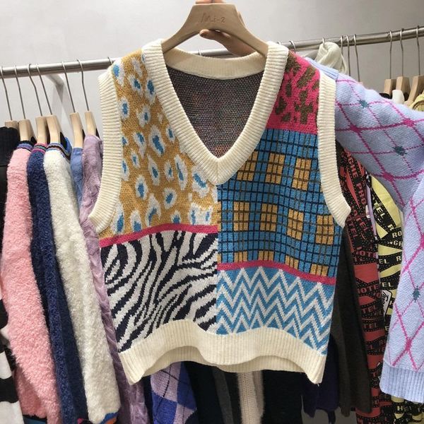 women's sweaters kusahiki vintage hit color leopard plaid sweater vest causal v-neck sleeveless pullover 2021 autumn winter knitted ves, White;black
women's sweaters kusahiki vintage hit color leopard plaid sweater vest causal v-neck sleeveless pullover 2021 autumn winter knitted ves, White;black