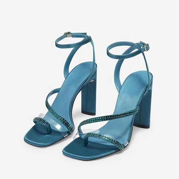 sandals diamonds clip toe high heel summer fashion square chunky women dress shoes buckle strap big size 44, Black