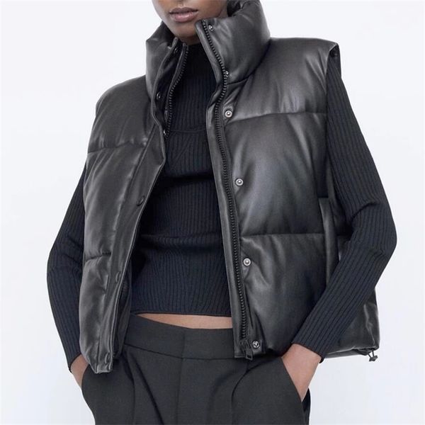 za women black warm faux leather vest coat casual zipper sleeveless jacket female short cotton outwear 211112, Black;white
za women black warm faux leather vest coat casual zipper sleeveless jacket female short cotton outwear 211112, Black;white