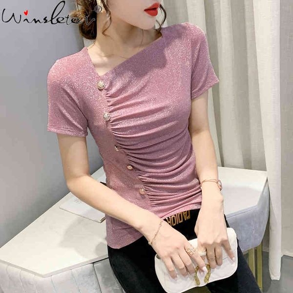 women's t-shirt summer korean clothes chic drape irregularity button shiny women short sleeve bottoming shirt tees 2021 t1470, White
women's t-shirt summer korean clothes chic drape irregularity button shiny women short sleeve bottoming shirt tees 2021 t1470, White