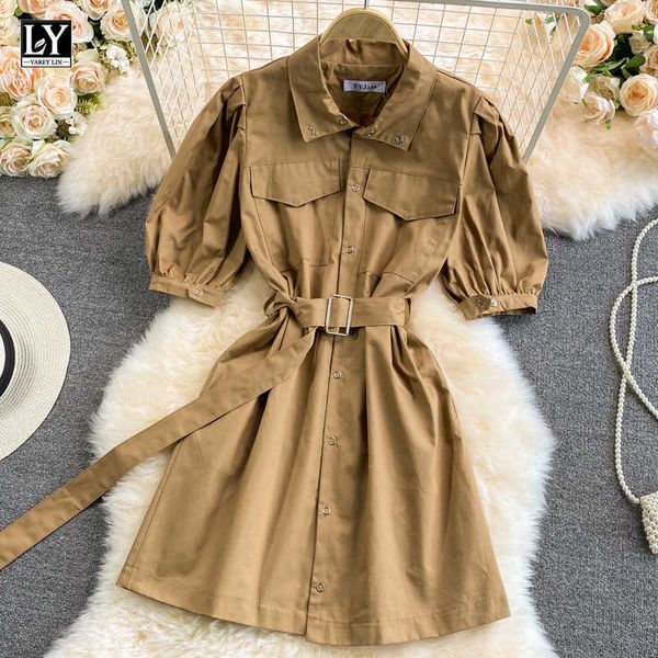 ly varey lin summer women fashion single breasted pockets dresses with belt vintage puff sleeve tooling style 210526, Black;gray
ly varey lin summer women fashion single breasted pockets dresses with belt vintage puff sleeve tooling style 210526, Black;gray