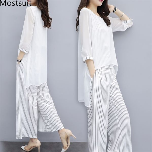 s-3xl summer chiffon 2 two piece sets outfits women plus size asymmetrical blouses and wide leg pants suits elegant korean 210513, White
s-3xl summer chiffon 2 two piece sets outfits women plus size asymmetrical blouses and wide leg pants suits elegant korean 210513, White
