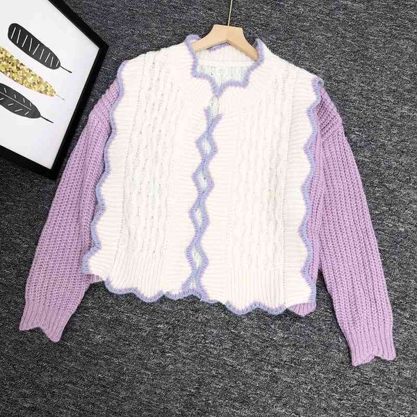 sweater knit 2021 color contrast purple stitched coat women's casual loose lazy style v-neck long ted cardigan, White;black
sweater knit 2021 color contrast purple stitched coat women's casual loose lazy style v-neck long ted cardigan, White;black