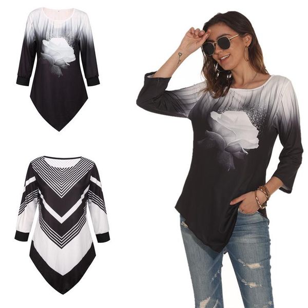 women's t-shirt trend street hipster nine quarter sleeve ladies patchwork print o-neck slim shirts tee casual irregular hem, White
women's t-shirt trend street hipster nine quarter sleeve ladies patchwork print o-neck slim shirts tee casual irregular hem, White