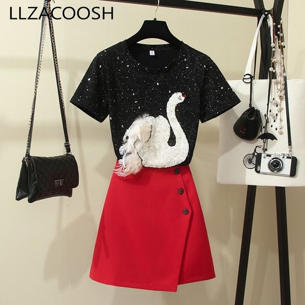 fashion summer women's stereo swan sequins embroidery t-shirt + red buttons a line skirt twinset ladies skirt set 210514, White
fashion summer women's stereo swan sequins embroidery t-shirt + red buttons a line skirt twinset ladies skirt set 210514, White