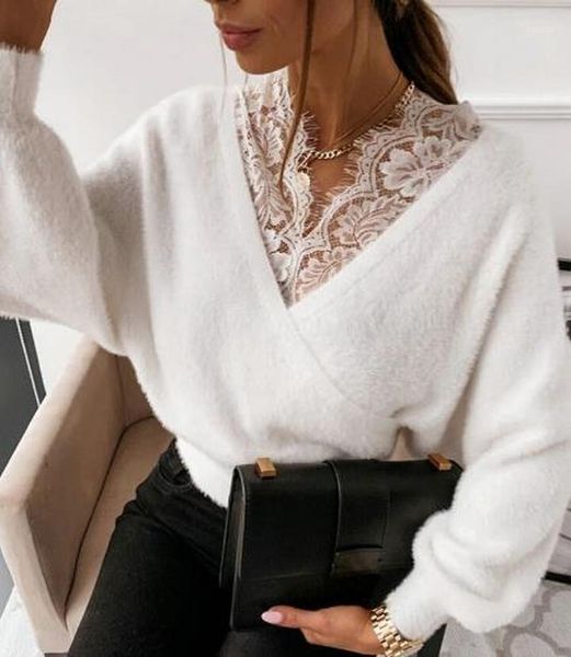 fashion v-neck lace patchwork plush long sleeve women's solid color sling flannel sweaters, White;black
fashion v-neck lace patchwork plush long sleeve women's solid color sling flannel sweaters, White;black
