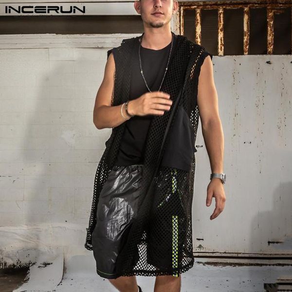 men mesh vests transparent open stitch sleeveless pockets hooded long outerwear streetwear casual waistcoats incerun s-5xl men's, Black;white
men mesh vests transparent open stitch sleeveless pockets hooded long outerwear streetwear casual waistcoats incerun s-5xl men's, Black;white