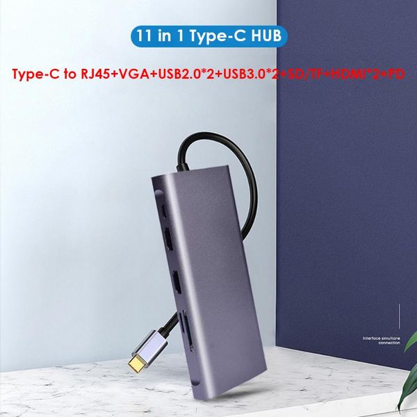 grey aluminum shell multi function 11 in 1 type-c hub to usb3.0 usb 2.0 vga rj45 sd tf -compatible 100w pd adapter docking stations
grey aluminum shell multi function 11 in 1 type-c hub to usb3.0 usb 2.0 vga rj45 sd tf -compatible 100w pd adapter docking stations
