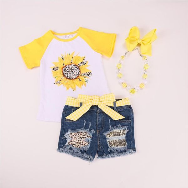 summer baby girls sunflower print yellow white shirt denim shorts kids jeans outfit with bow and necklace
summer baby girls sunflower print yellow white shirt denim shorts kids jeans outfit with bow and necklace