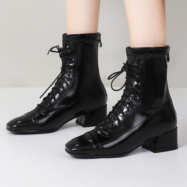 boots 2021 lace-up patent leather square-toe women's shoes thick heel stitched back zipper, street trend bright ankle, Black
boots 2021 lace-up patent leather square-toe women's shoes thick heel stitched back zipper, street trend bright ankle, Black