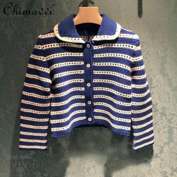 women's knits & tees 2021 autumn and winter sweater coat fashion blue striped doll collar short slim elegant knitted cardigan feminine, White
women's knits & tees 2021 autumn and winter sweater coat fashion blue striped doll collar short slim elegant knitted cardigan feminine, White