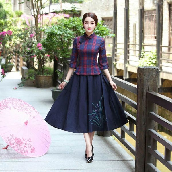 luxury cheongsam 2021 spring summer 7-sleeve plaid cheongsam improved women's middle and long two-piece drs, Blue;red