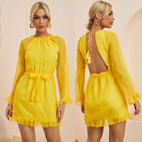 summer 2021 yellow dress backless dress yellow polka dot jacquard mini skirt, Black;red