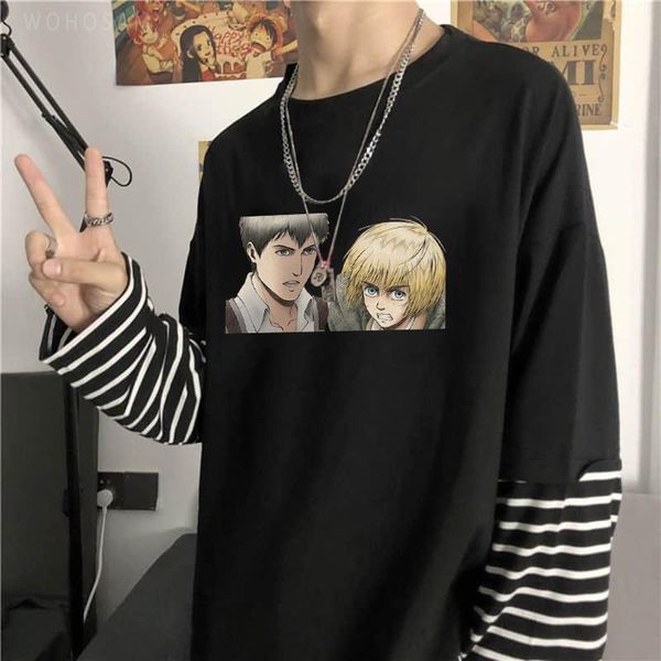men's t-shirts kawaii anime attack on titan fake two pieces striped t shirts women harajuku manga jean kirstein armin arlert print long, White;black
men's t-shirts kawaii anime attack on titan fake two pieces striped t shirts women harajuku manga jean kirstein armin arlert print long, White;black