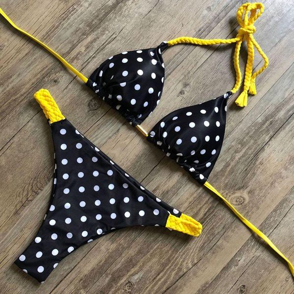 women 2021 halter swimsuit braided thong push up brazilian print bikini suit women's swimwear, White;black
women 2021 halter swimsuit braided thong push up brazilian print bikini suit women's swimwear, White;black