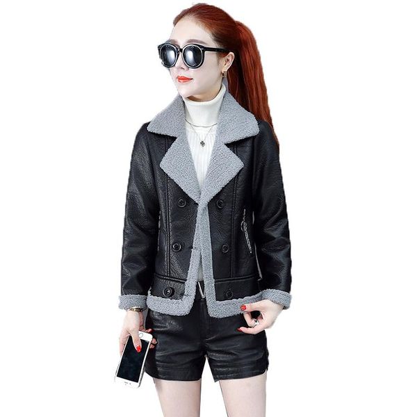women's leather jacket for winter 2021 plus velvet warm slim suit collar short pu coat female outerwear & faux, Black
women's leather jacket for winter 2021 plus velvet warm slim suit collar short pu coat female outerwear & faux, Black