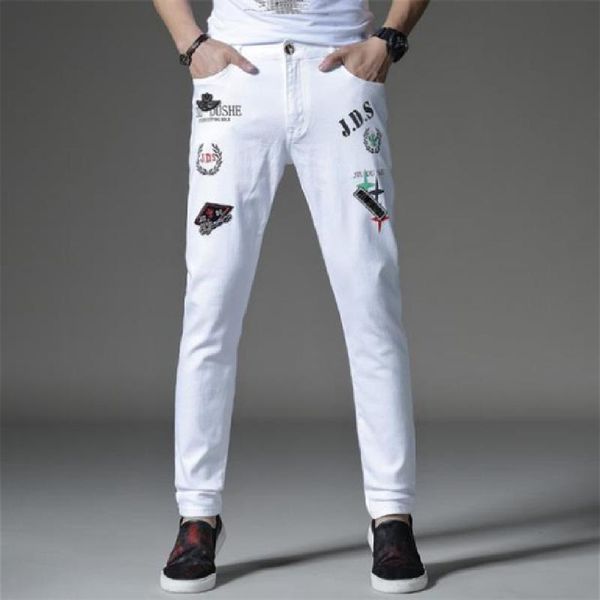 men's jeans summer thin youth european and american fashion badge embroidered white casual hip-hop straight leg, Blue
men's jeans summer thin youth european and american fashion badge embroidered white casual hip-hop straight leg, Blue