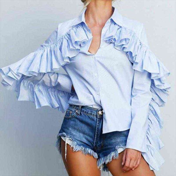 chic ruffles long sleeve blue womens shirt striped pleated lotus autumn ol blusas irregular collared single breasted, White
chic ruffles long sleeve blue womens shirt striped pleated lotus autumn ol blusas irregular collared single breasted, White
