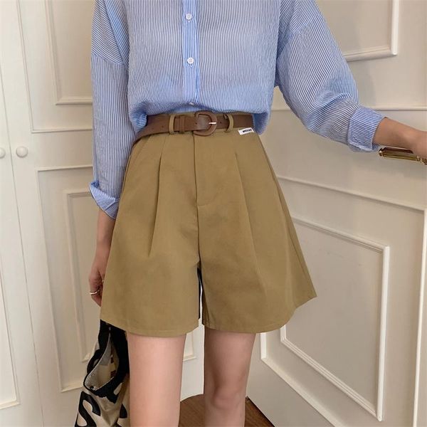 women's shorts meruby casual high waist belted women button wide leg half-length korean solid loose 2021, White;black