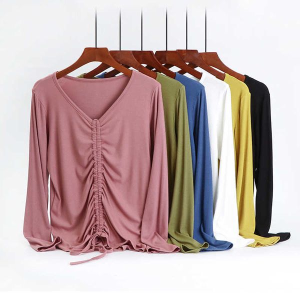 fashion women autumn blouse v-neck long sleeve drawstring korean women shirt plus size w828 210526, White 
fashion women autumn blouse v-neck long sleeve drawstring korean women shirt plus size w828 210526, White